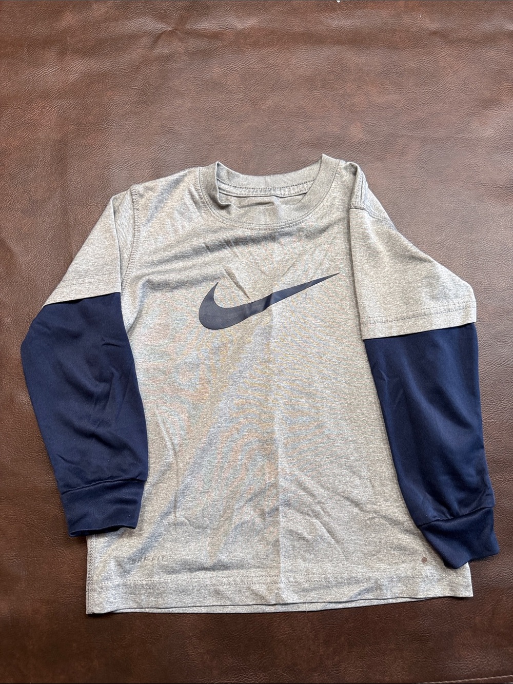 Nike Gray Long Sleeve Tee with Navy Sleeves and Swoosh